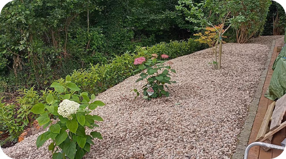 Gepflastertes Gartenbeet mit blühenden Pflanzen und Büschen vor grünem Wald.