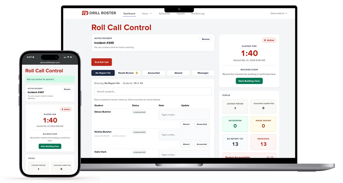 Computer screen & a smart phone with DrillRoster's admin screen