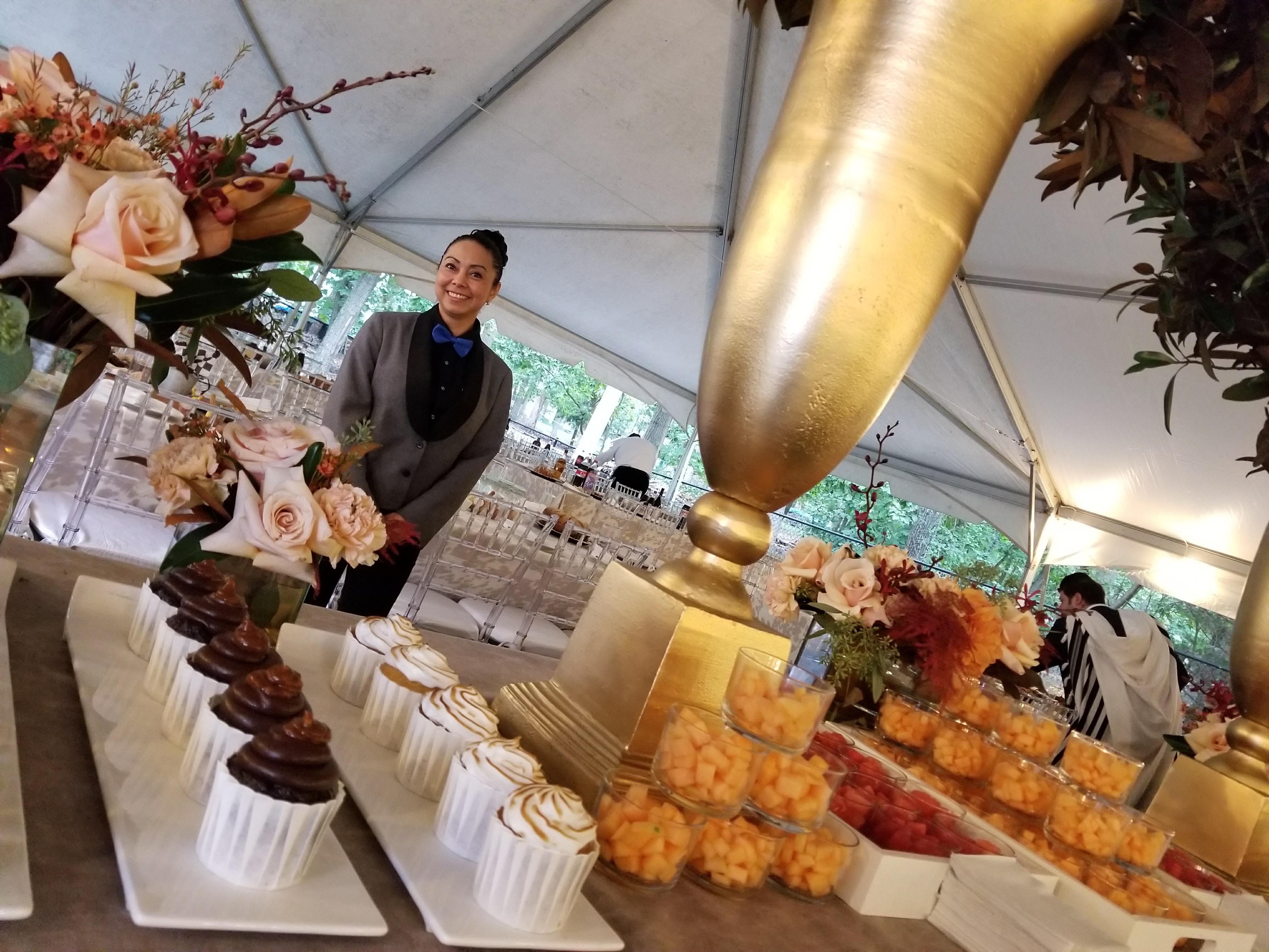 image of volunteers offering food at a harmoniously arranged ethereal canteen setting