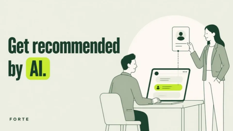 Get recommended by AI: an illustrated profile card connected to a laptop search result.