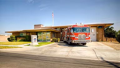 Red fire truck parked in front of a single-story fire station building with an American flag on a pole.