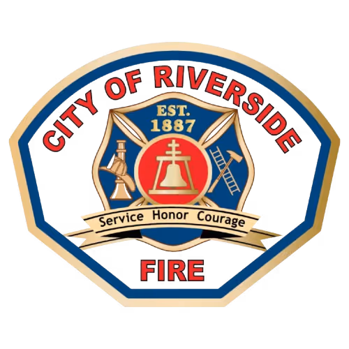 City of Riverside Fire department emblem with bell, ladder, and extinguisher, established 1887.