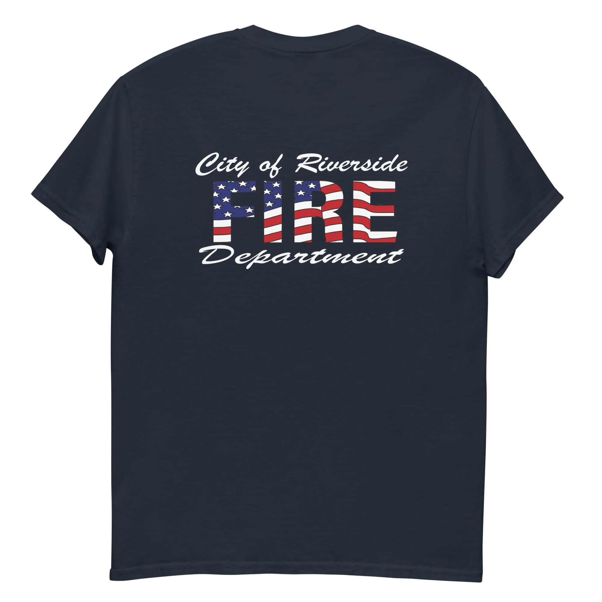 Back of navy blue T-shirt with 'City of Riverside FIRE Department' text, FIRE filled with American flag design.