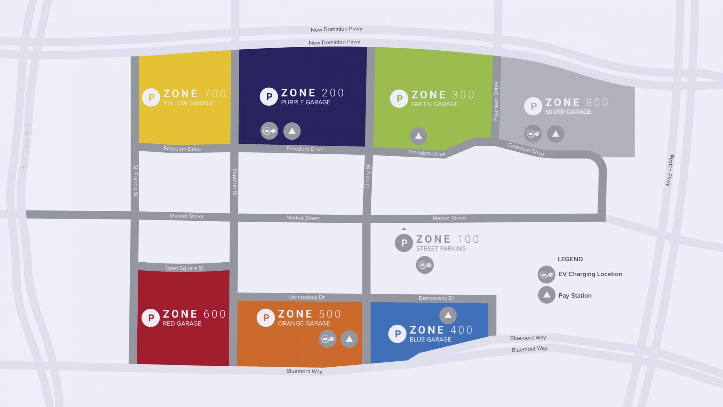 Parking map showing colored zones: Yellow Zone 700, Purple Zone 200, Green Zone 300, Silver Zone 800, Red Zone 600, Orange Zone 500, Blue Zone 400, and Grey Zone 100 street parking with EV charging and pay station icons.