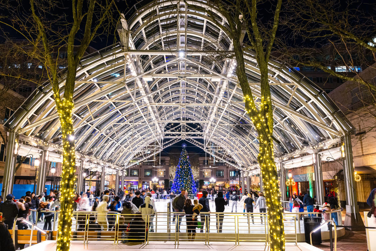 Night view of an outdoor ice skating rink under a large glass pavilion with trees wrapped in yellow lights and a decorated Christmas tree in the background.