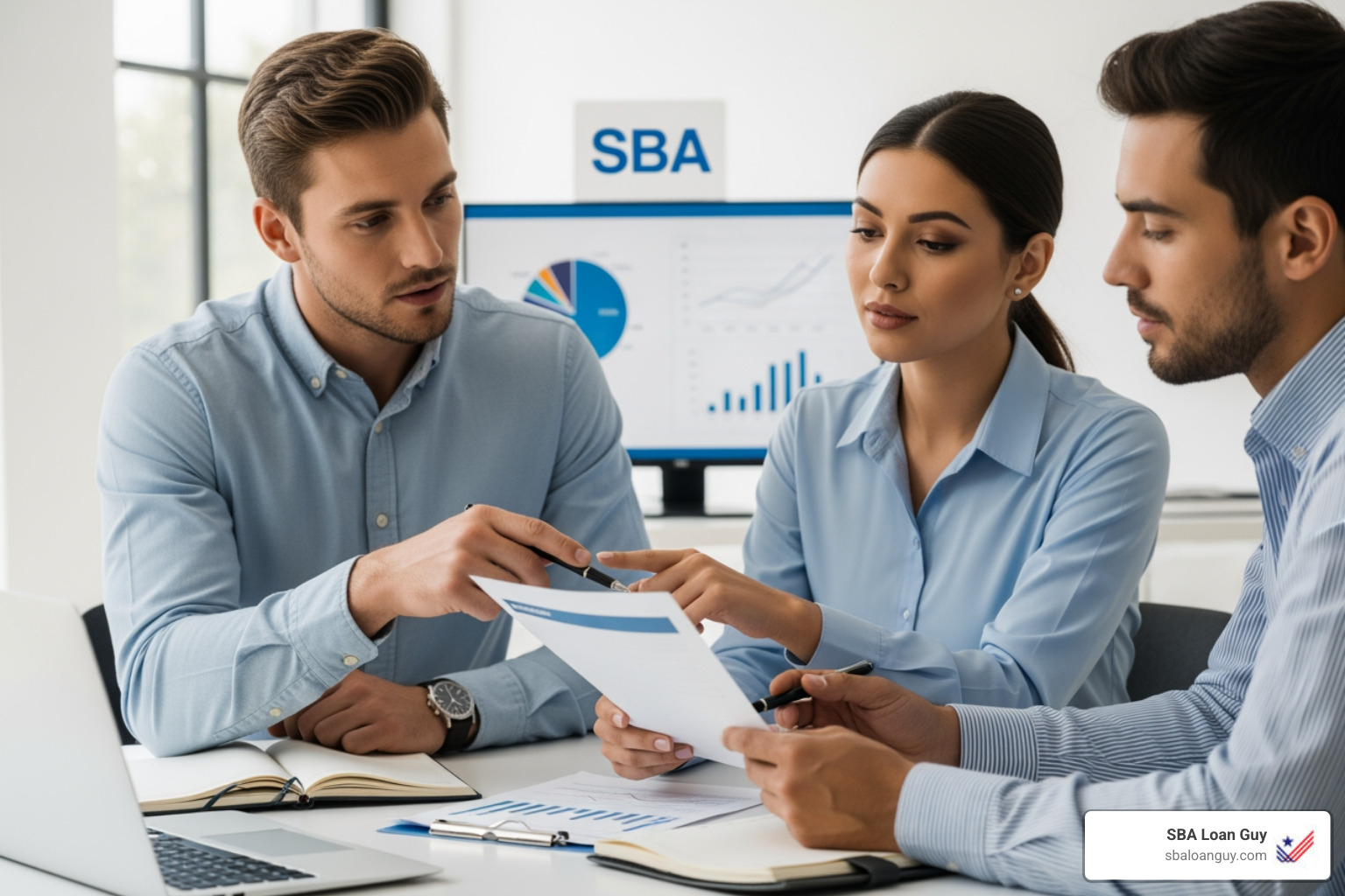 A consultant pointing at a financial chart explaining loan options - SBA loan consultants
