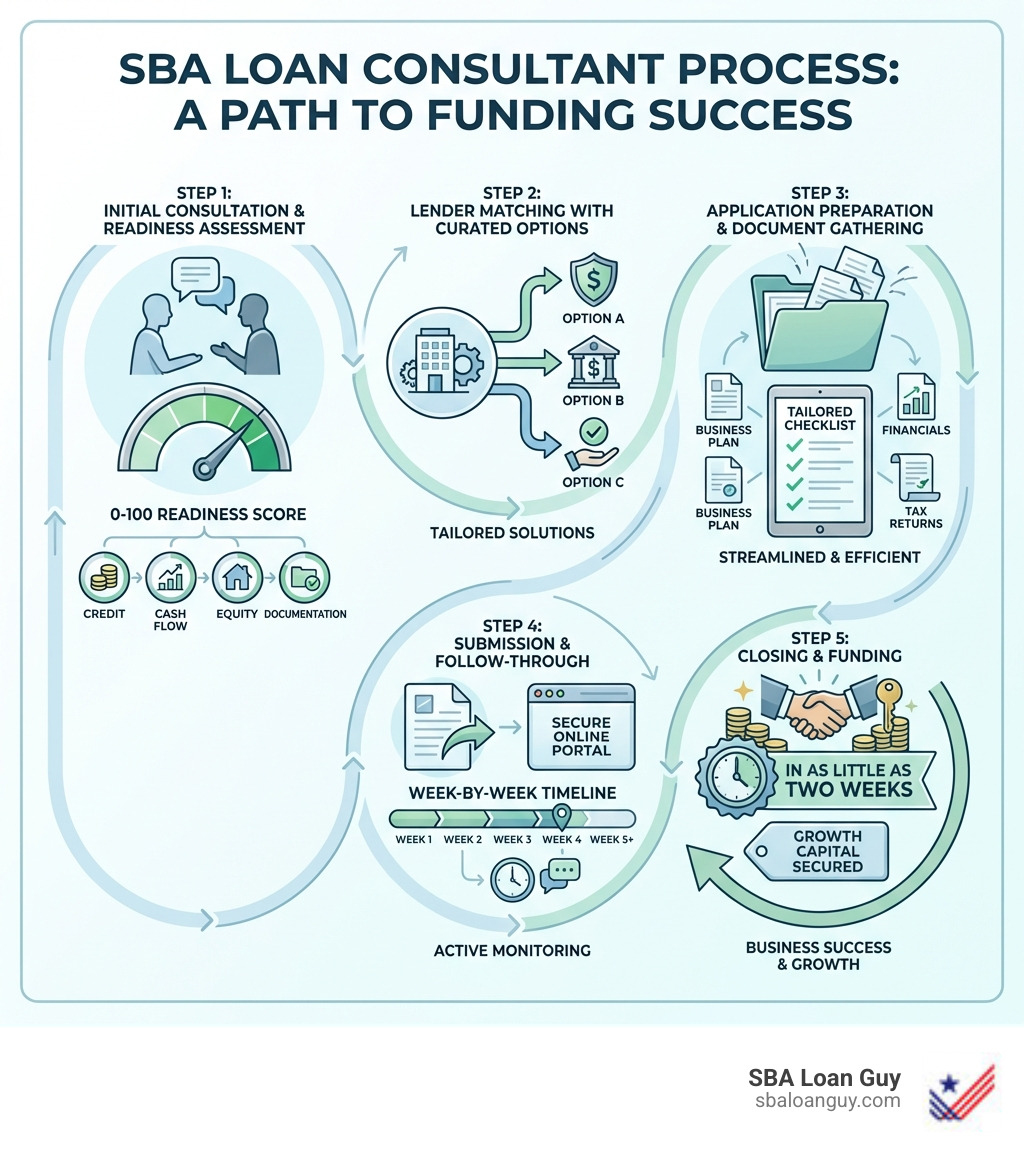 Infographic showing the SBA loan consultant process: Step 1 - Initial consultation and readiness assessment (0-100 score based on credit, cash flow, equity, documentation). Step 2 - Lender matching with curated options based on your business profile. Step 3 - Application preparation with tailored checklists and document gathering. Step 4 - Submission and follow-through with week-by-week timeline. Step 5 - Closing and funding in as little as two weeks. - SBA loan consultants infographic 