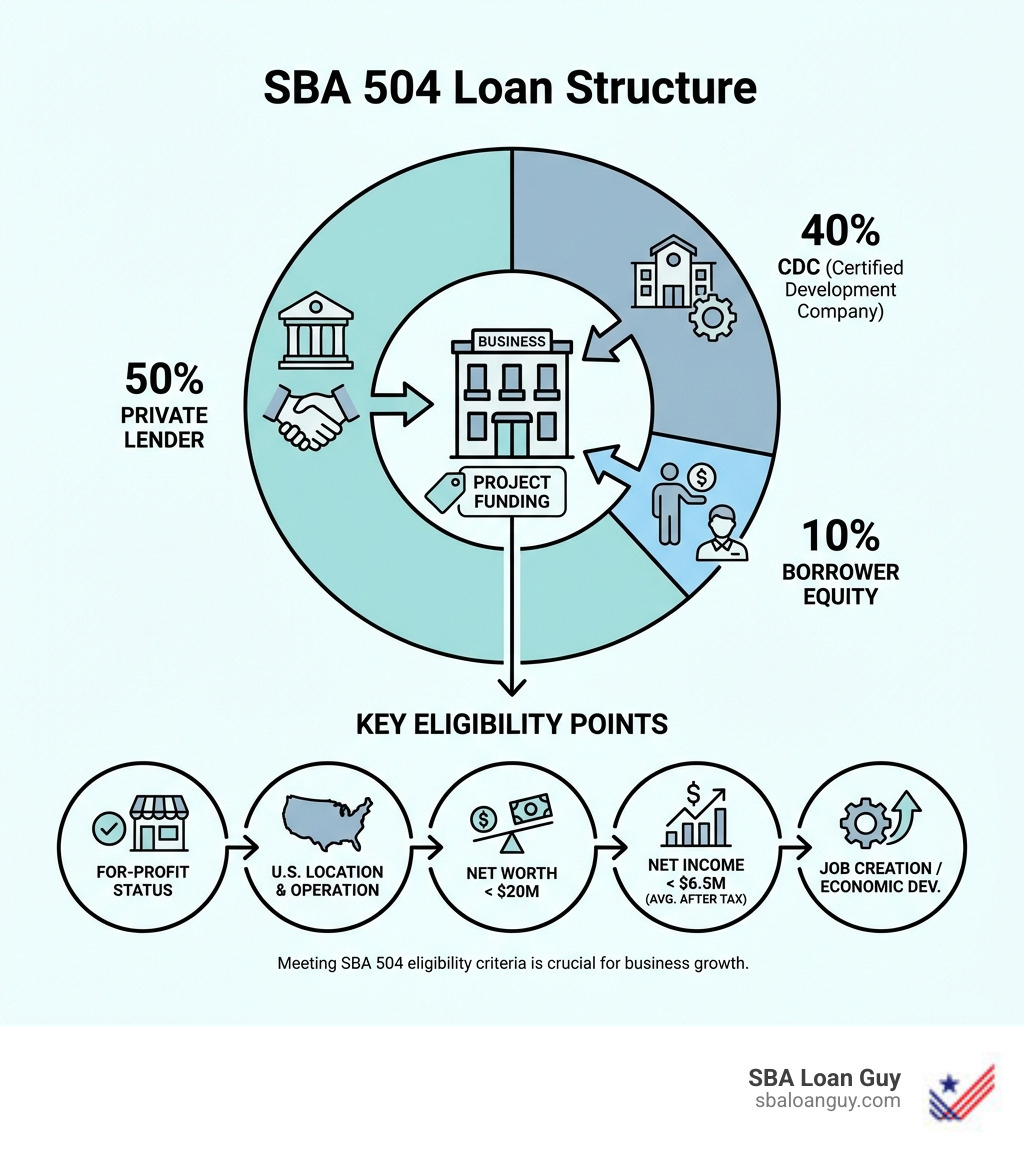 Infographic showing SBA 504 loan structure: 50% private lender, 40% CDC, 10% borrower equity, with key eligibility points like for-profit, net worth, net income, and job creation - SBA 504 eligibility criteria infographic Infographic showing SBA 504 loan structure: 50% private lender, 40% CDC, 10% borrower equity, with key eligibility points like for-profit, net worth, net income, and job creation - SBA 504 eligibility criteria infographic