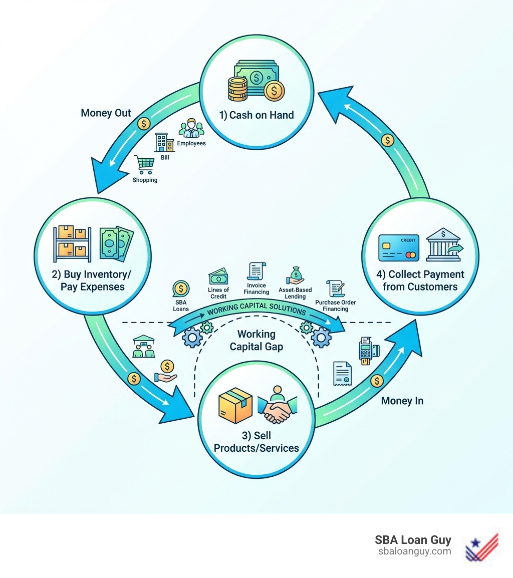 infographic showing the working capital cycle with four stages: 1) Cash on Hand, 2) Buy Inventory/Pay Expenses, 3) Sell Products/Services, 4) Collect Payment from Customers, then back to Cash on Hand. Arrows show money flowing out for expenses and flowing back in from customer payments, with a gap in between where working capital solutions help bridge the difference - Working capital solutions infographic 