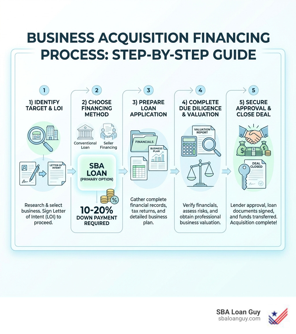 detailed step-by-step infographic showing the business acquisition financing process: 1) Identify target business and sign letter of intent, 2) Choose financing method (SBA loan highlighted as primary option with 10-20% down payment), 3) Prepare loan application with financials and business plan, 4) Complete due diligence and business valuation, 5) Secure loan approval and close deal, with icons showing documents, money, and handshake - financing a small business acquisition infographic 