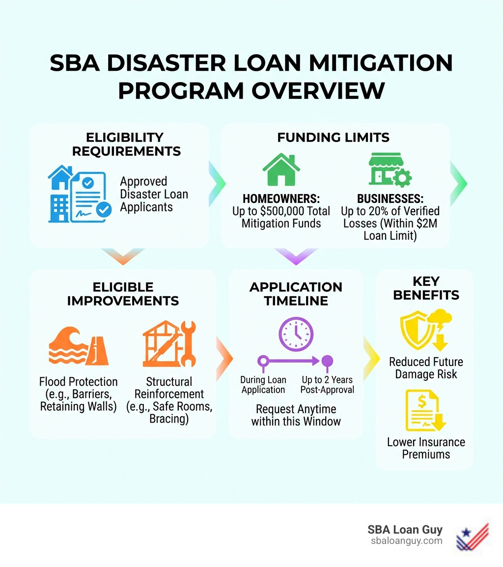 SBA Disaster Loan Mitigation Program Overview showing eligibility requirements, funding limits for homeowners up to $500,000 and businesses up to 20% of verified losses, eligible improvements including flood protection and structural reinforcement, application timeline of up to 2 years post-approval, and key benefits of reduced future damage risk and lower insurance premiums - sba disaster loan mitigation infographic 