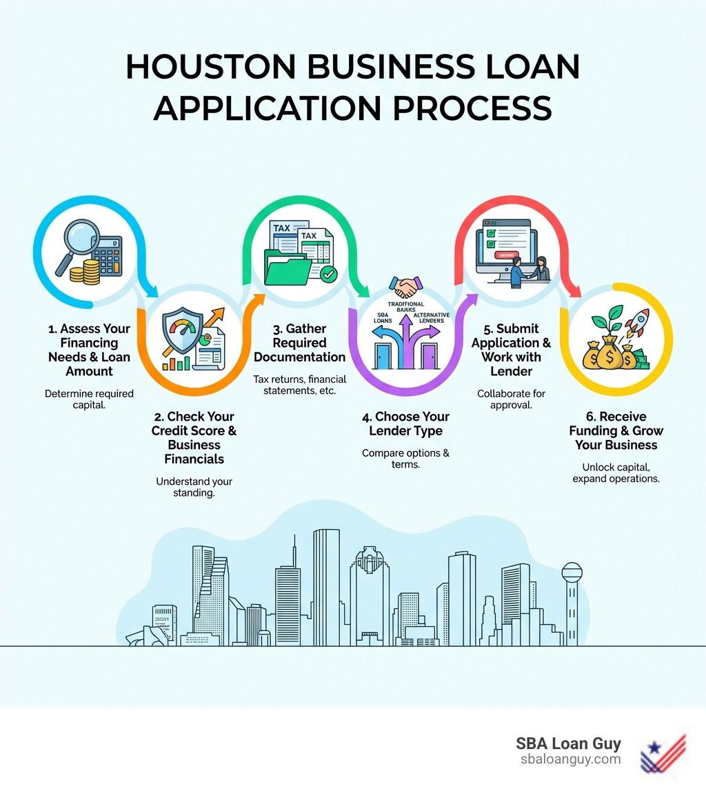 Infographic showing the Houston business loan application process: 1. Assess your financing needs and loan amount 2. Check your credit score and business financials 3. Gather required documentation including tax returns and financial statements 4. Choose between SBA loans traditional bank loans or alternative lenders 5. Submit your application and work with your lender 6. Receive funding and grow your business - Houston business loans infographic Infographic showing the Houston business loan application process: 1. Assess your financing needs and loan amount 2. Check your credit score and business financials 3. Gather required documentation including tax returns and financial statements 4. Choose between SBA loans traditional bank loans or alternative lenders 5. Submit your application and work with your lender 6. Receive funding and grow your business - Houston business loans infographic