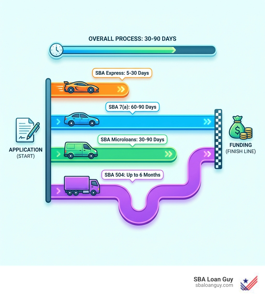 Infographic showing estimated SBA loan turnaround times for different loan types, from application to funding. Overall process takes 30-90 days, SBA 7(a) loans take 60-90 days, SBA Express loans take 5-30 days, SBA Microloans take 30-90 days, and SBA 504 loans can take up to 6 months. - SBA loan turnaround time infographic 