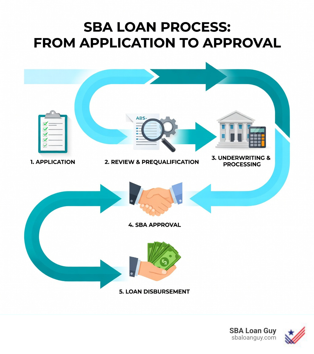 infographic showing SBA loan process from application to approval - SBA backed loans infographic 
