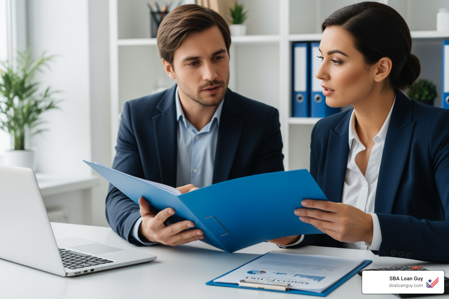 Two bank workers sitting at a desk, looking at a thick blue folder and discussing the details of a business loan application. A laptop and a calculator are on the desk. - loan specialist sba