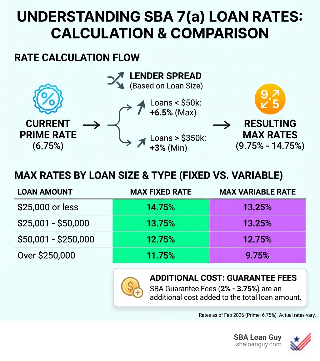 Infographic showing how SBA 7(a) loan rates are calculated: starting with the current prime rate of 6.75%, adding a lender spread based on loan size (up to 6.5% for loans under $50k, down to 3% for loans over $350k), resulting in maximum rates ranging from 9.75% to 14.75%, with a side-by-side comparison table of fixed vs variable rate maximums by loan size bracket, and a note showing how guarantee fees (2%-3.75%) add to the total cost - current sba 7a loan rates infographic 