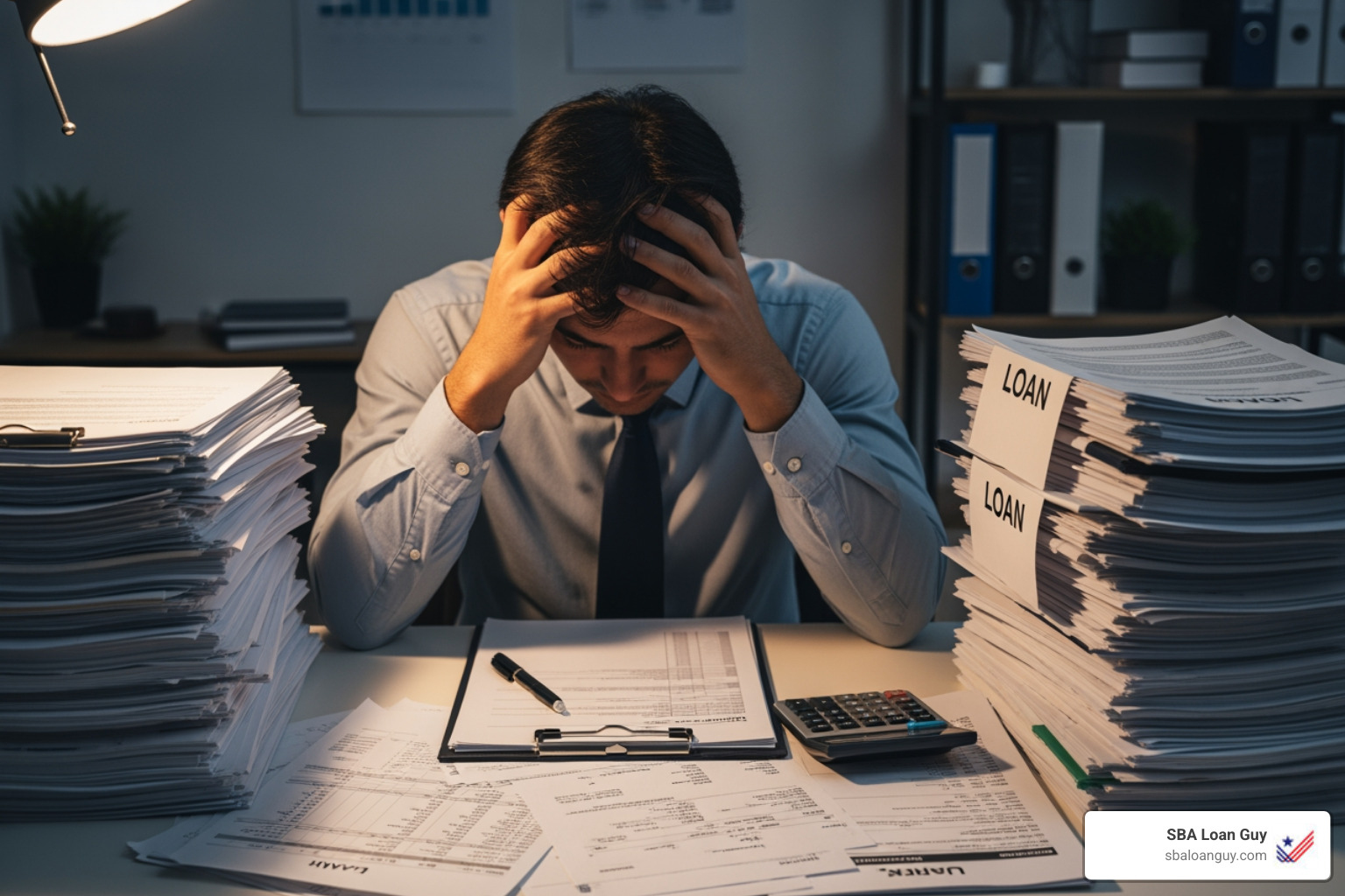 Person looking at loan papers and feeling overwhelmed - sba loan specialist Person looking at loan papers and feeling overwhelmed - sba loan specialist