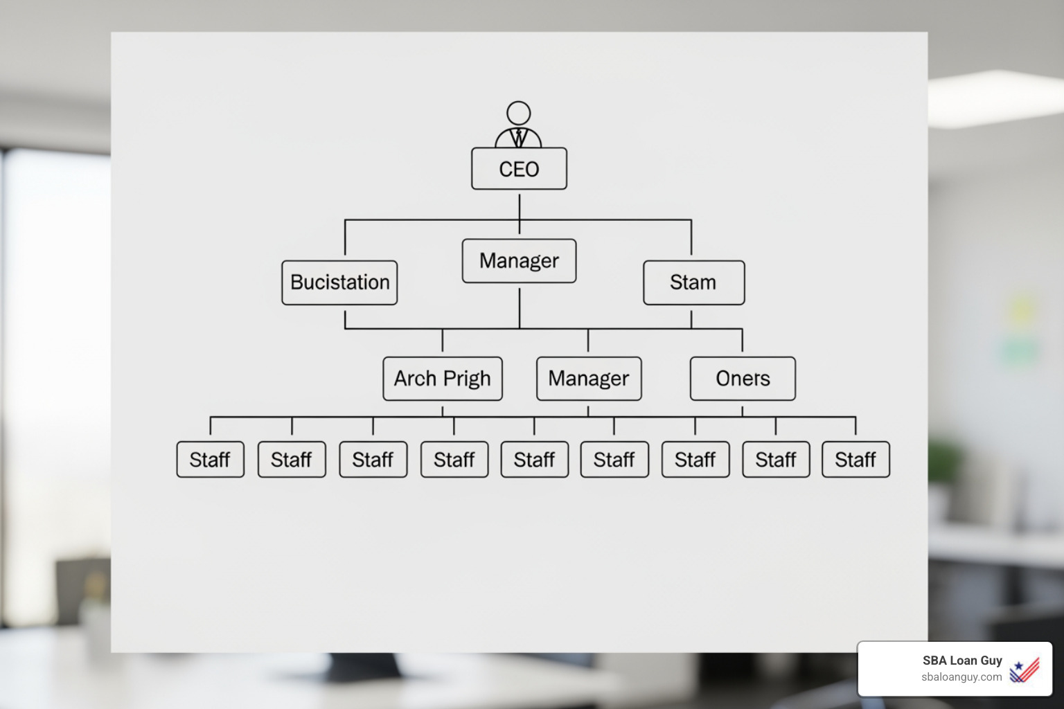 organizational chart showing a simple business hierarchy from CEO to staff - sba loan business plan