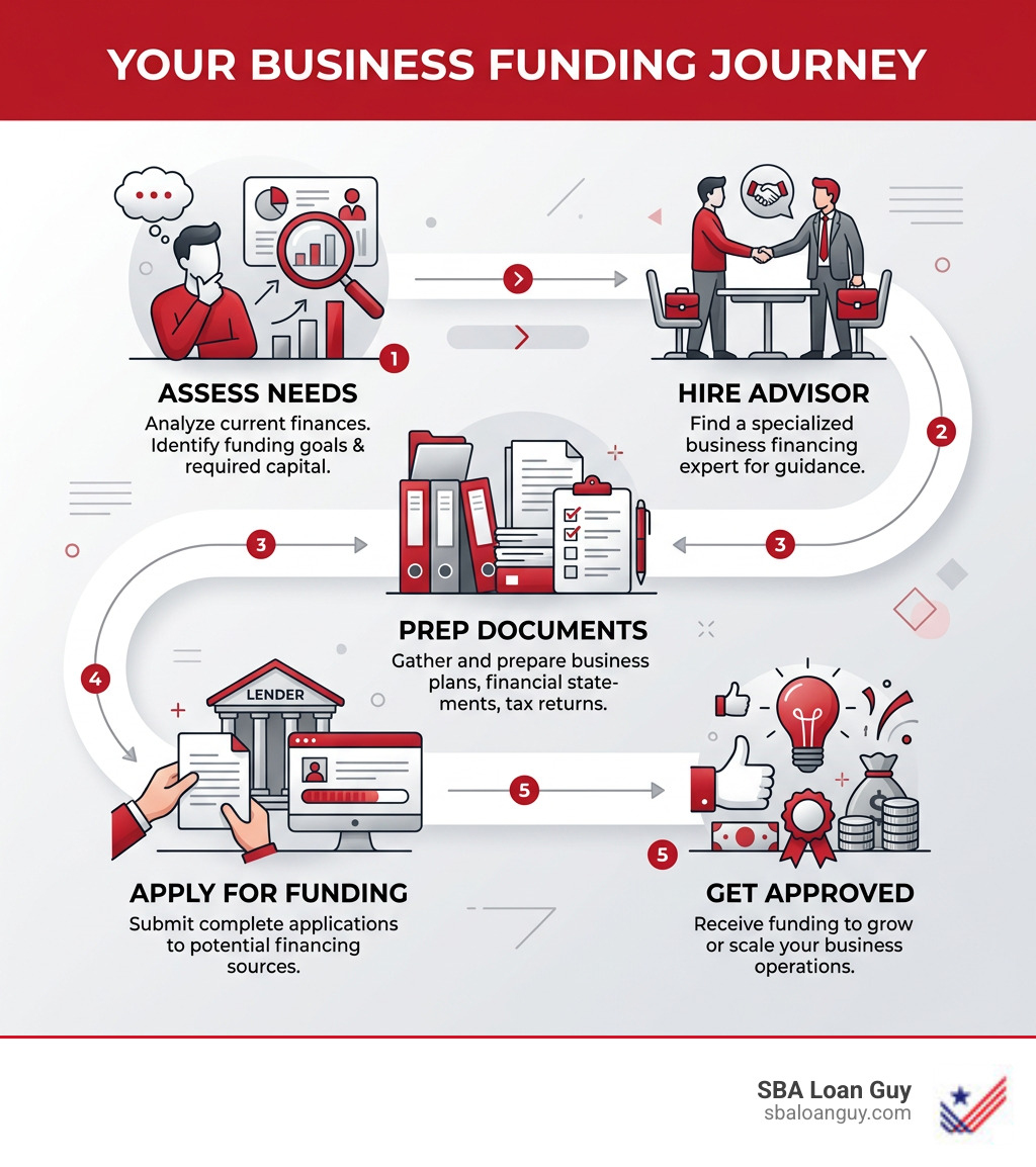Infographic showing the business funding journey: assess needs, hire advisor, prep documents, apply for funding, get