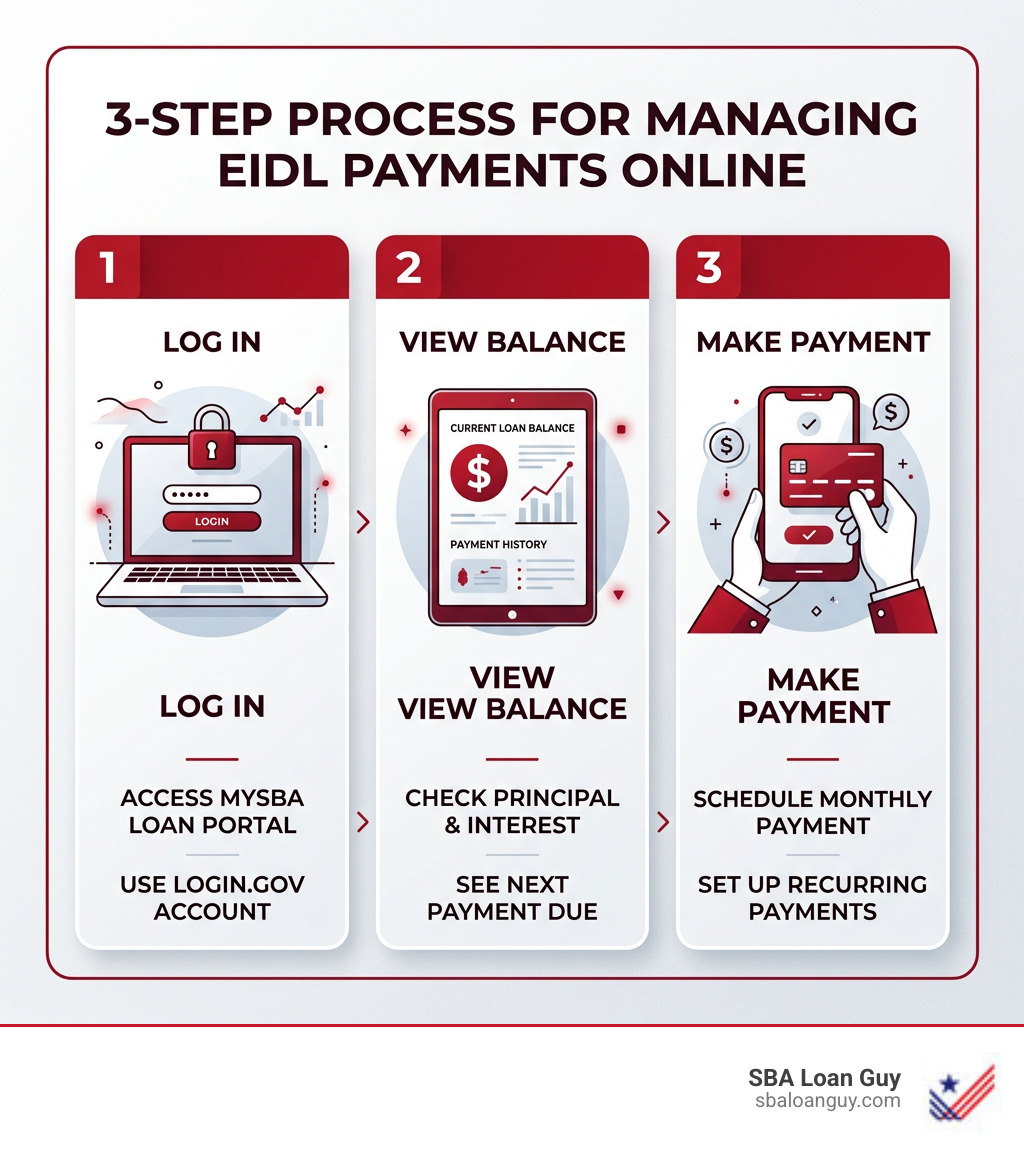 3-step process for managing EIDL payments online: log in, view balance, make payment - eidl online portal infographic 