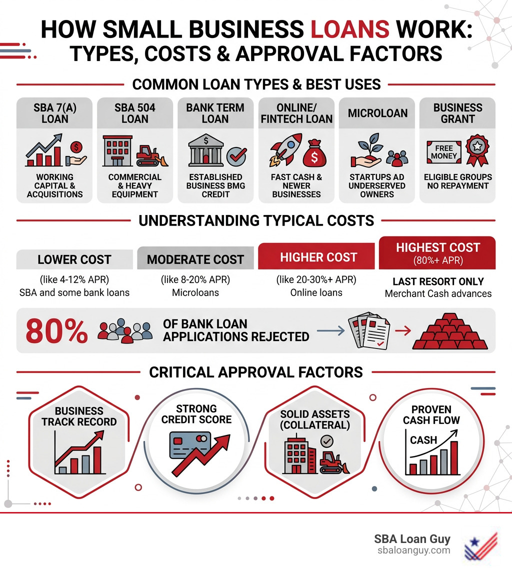 How small business loans work: types, costs, and approval factors infographic - Small business financing guide infographic 