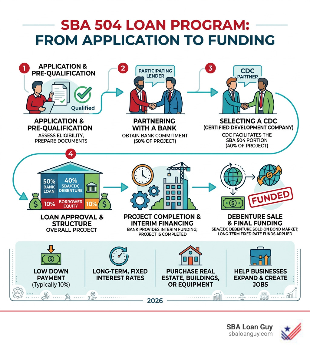 SBA 504 loan program process from application to funding infographic - SBA 504 loan program infographic 