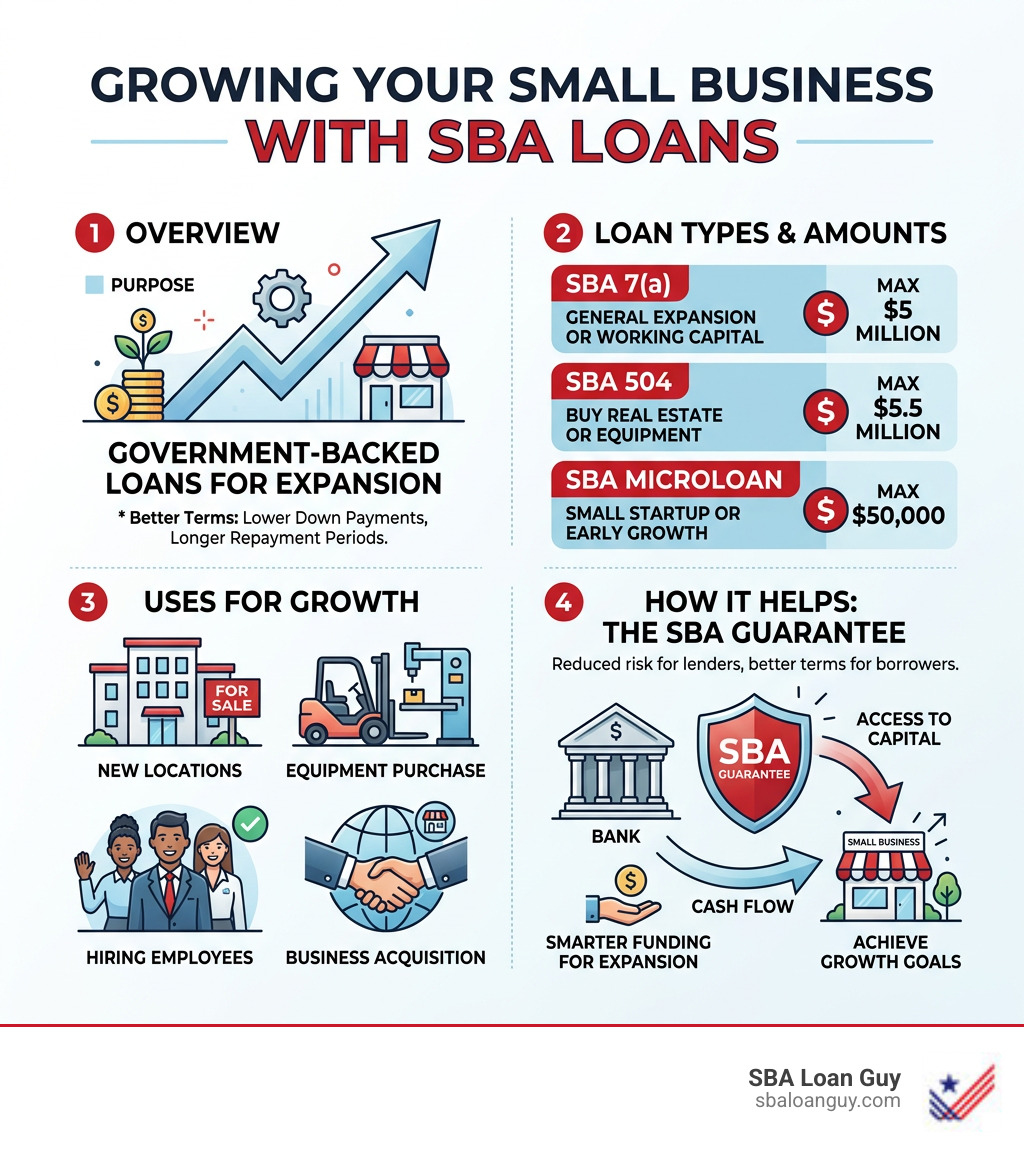 Infographic showing how SBA loans help small businesses grow with loan types, amounts, and uses - SBA Loan for Growth