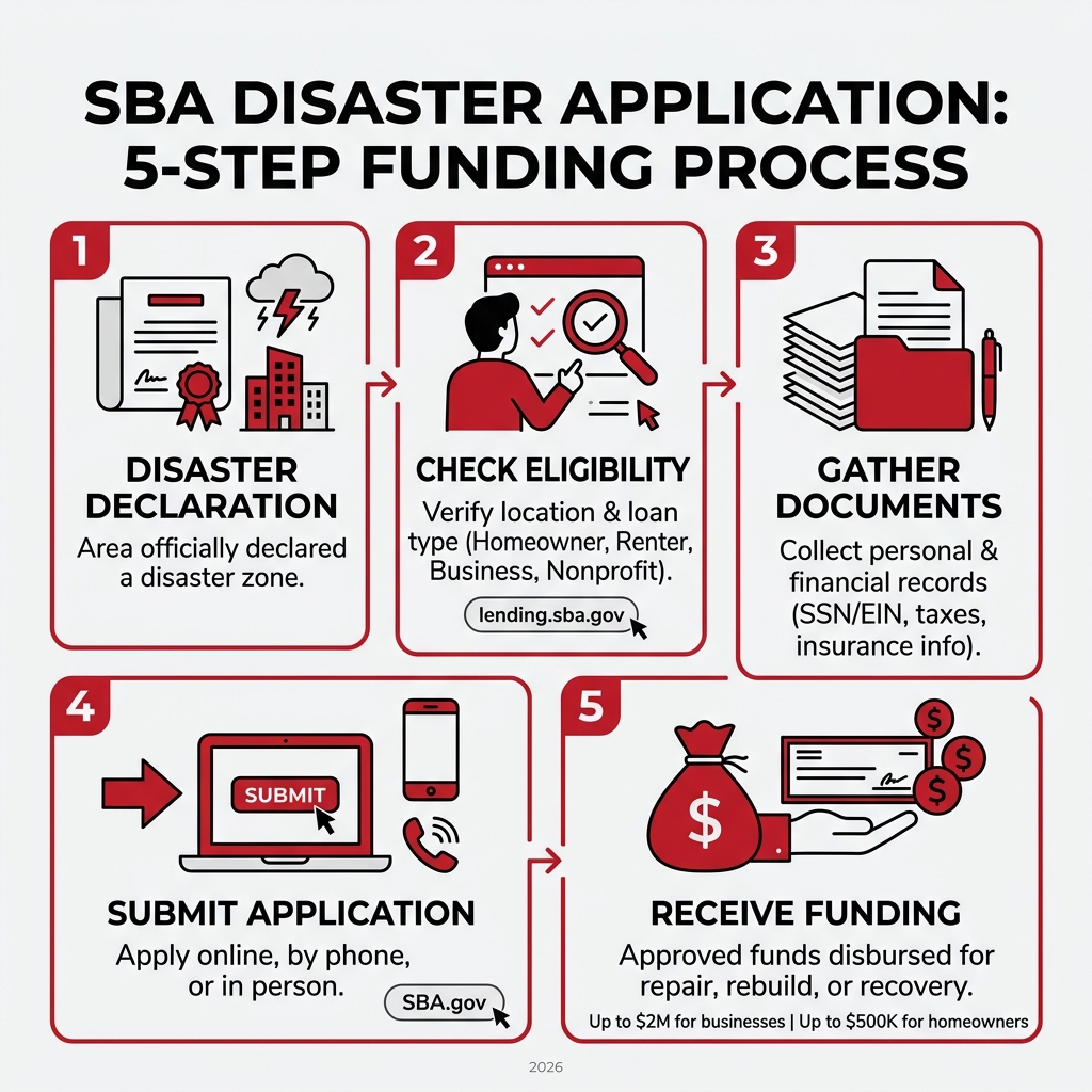 Infographic showing 5 steps of the SBA disaster application process from declaration to funding - SBA disaster application
