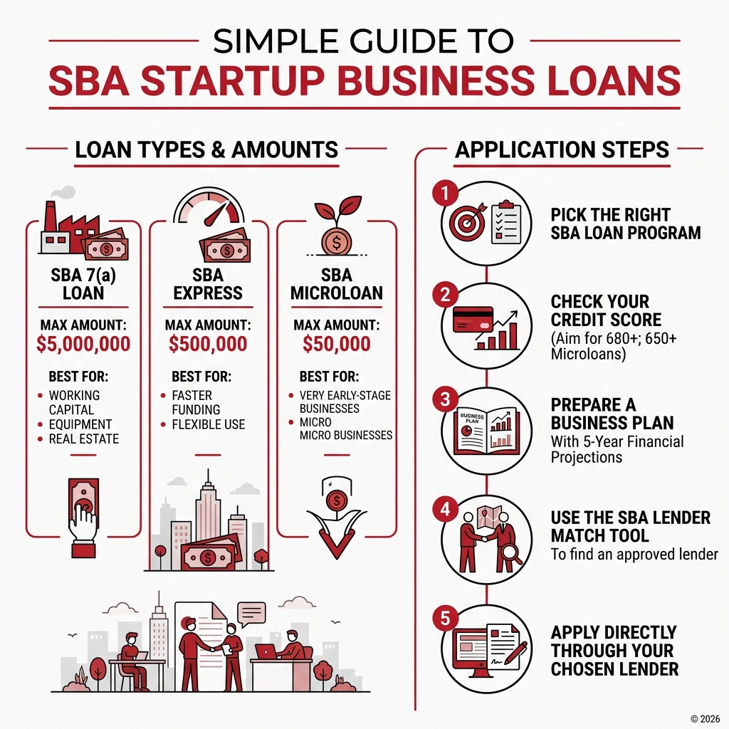 SBA startup loan process infographic showing loan types, amounts, and application steps - SBA startup business loan