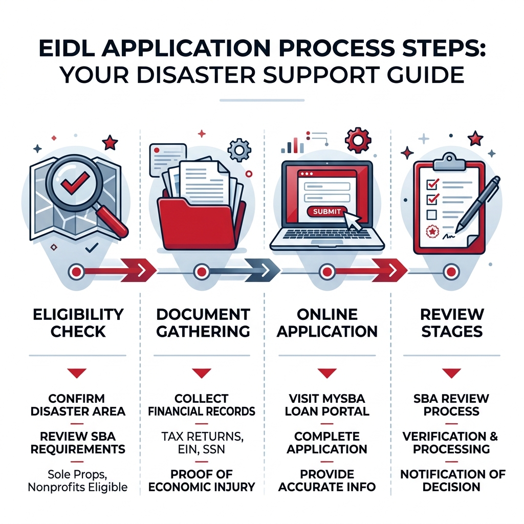 EIDL application process steps infographic showing eligibility check, document gathering, online application, and review