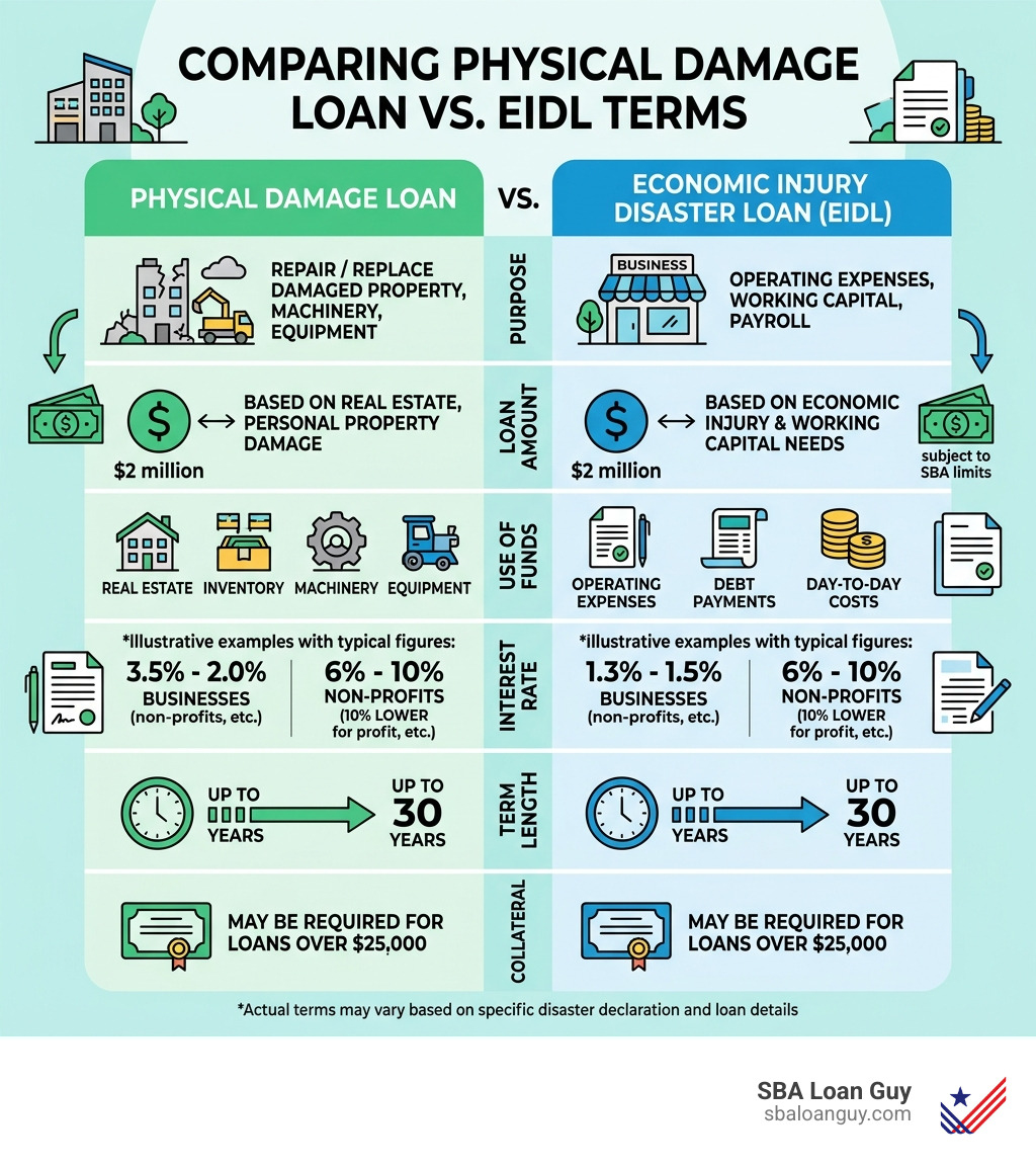 Infographic comparing Physical Damage Loan and EIDL terms - sba disaster loan approved now what infographic 