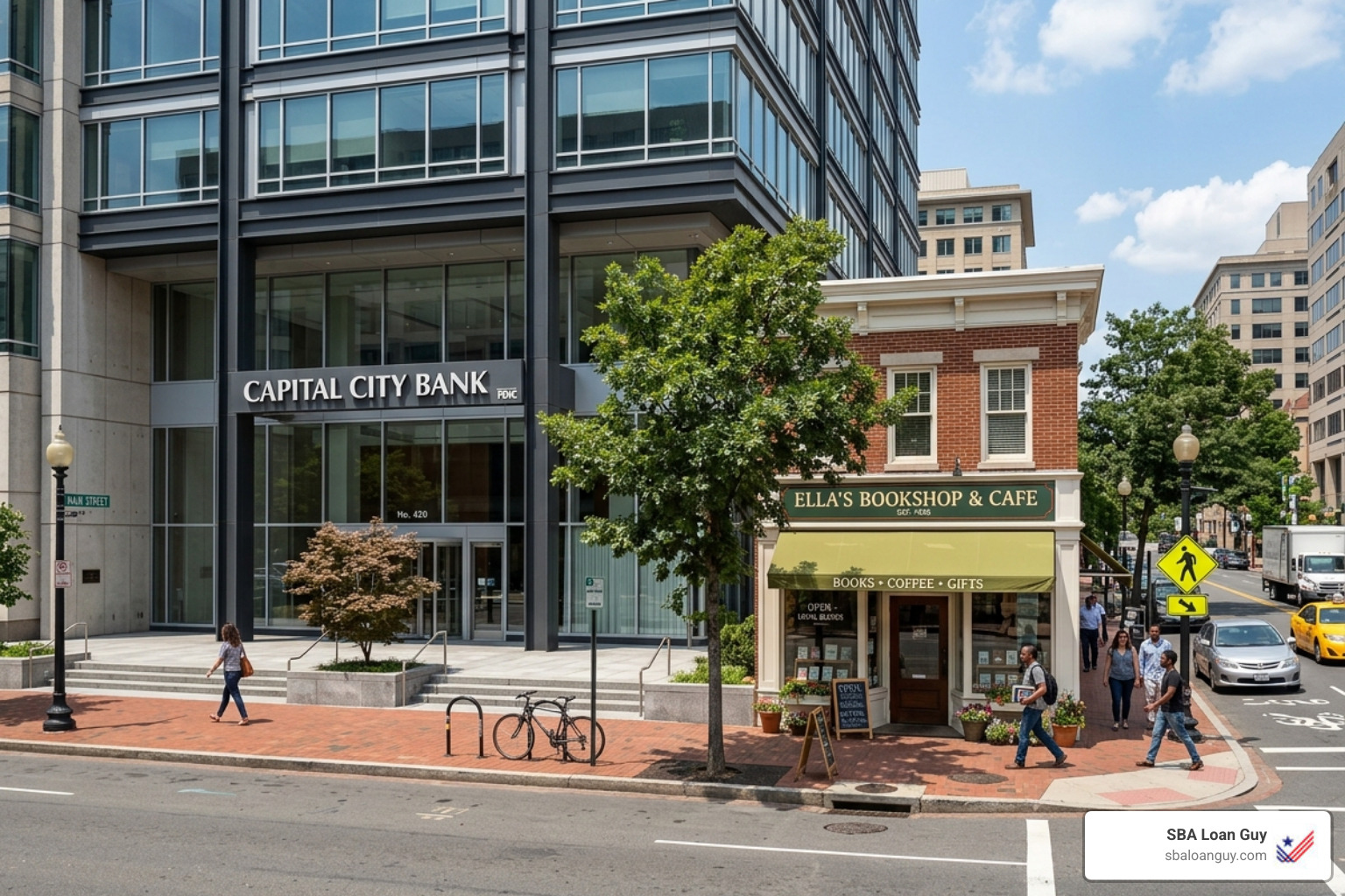 Bank building and small shop side by side - SBA new business loan Bank building and small shop side by side - SBA new business loan