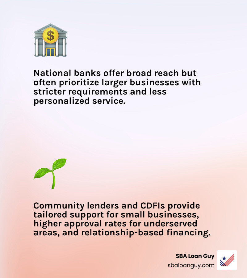 Infographic comparing national banks vs community lenders and CDFIs infographic Infographic comparing national banks vs community lenders and CDFIs infographic