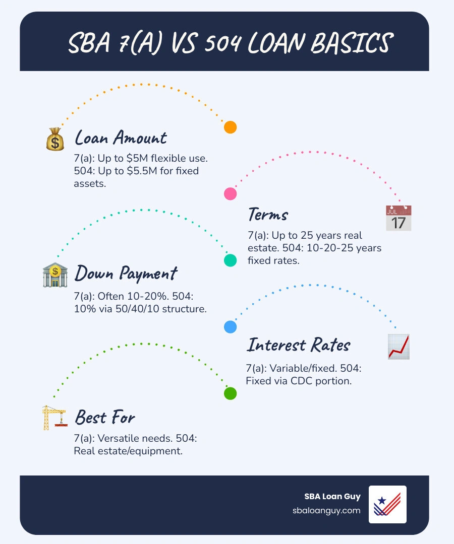 Infographic comparing SBA 7(a) and SBA 504 loan basics infographic Infographic comparing SBA 7(a) and SBA 504 loan basics infographic
