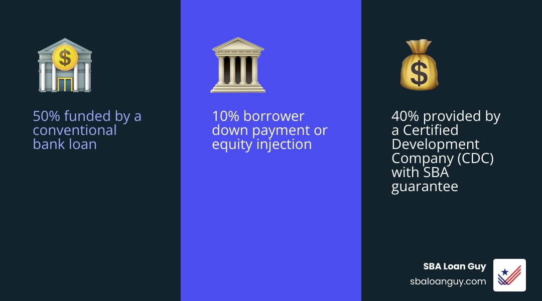 Stat: SBA 504 loan structure - 50% Bank, 40% CDC, 10% Borrower - SBA Loan for Facility Purchase infographic Stat: SBA 504 loan structure - 50% Bank, 40% CDC, 10% Borrower - SBA Loan for Facility Purchase infographic
