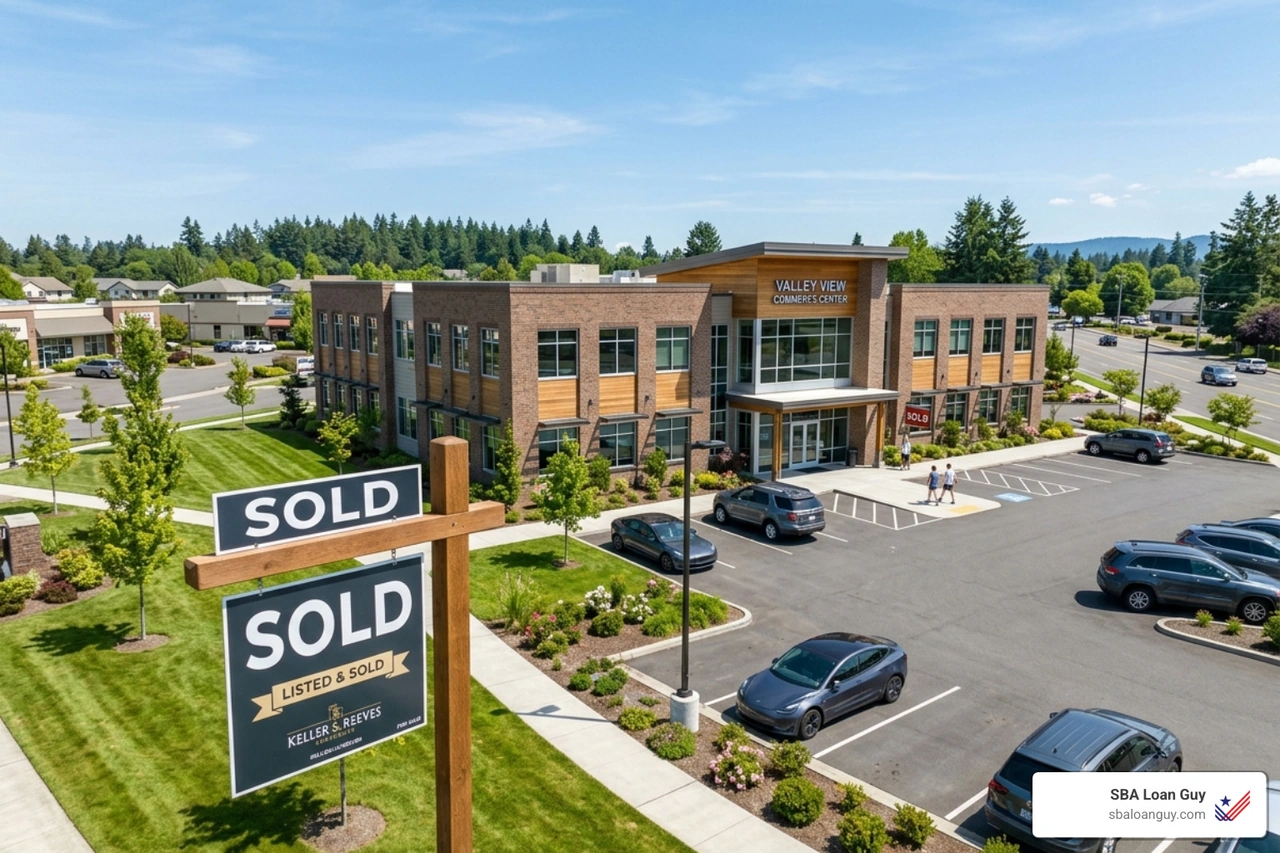 A "Sold" sign on a beautiful commercial facility - SBA Loan for Facility Purchase A "Sold" sign on a beautiful commercial facility - SBA Loan for Facility Purchase