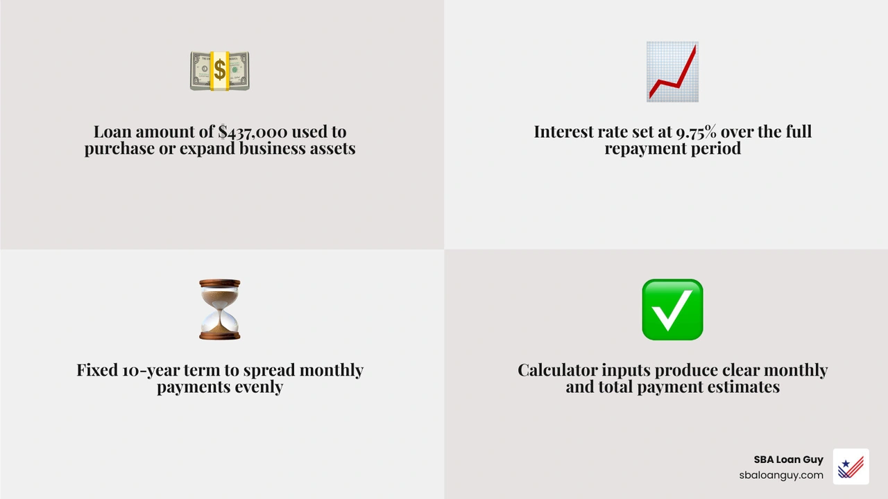 Infographic table of SBA loan calculator inputs: loan amount $437,000, interest rate 9.75%, term 10 years infographic