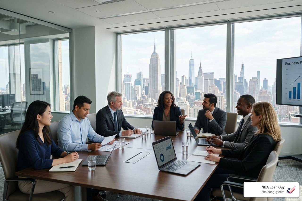 People discussing business in a Manhattan office - new york sba specialists People discussing business in a Manhattan office - new york sba specialists
