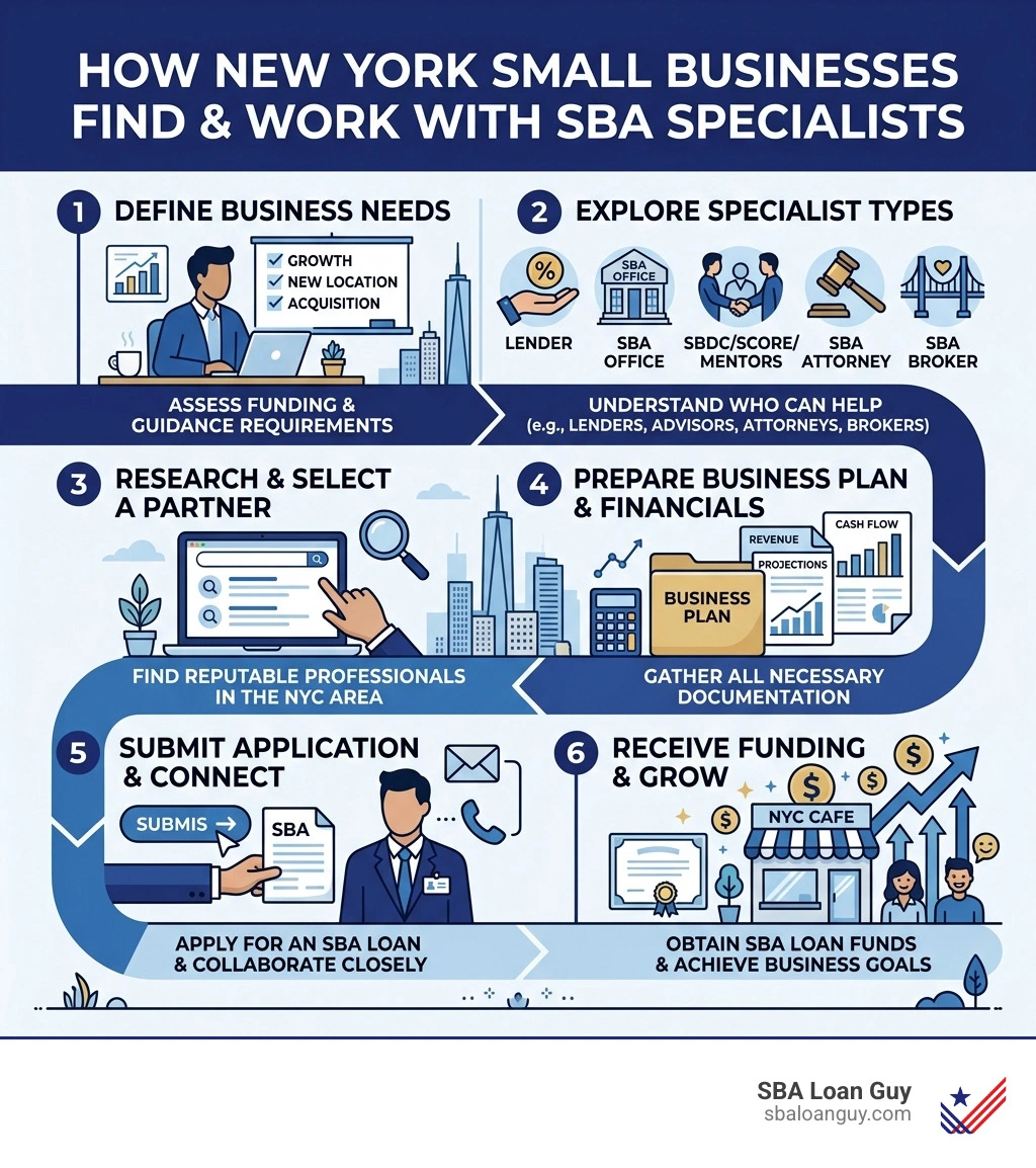 Step-by-step infographic showing how New York small businesses find and work with SBA specialists - new york sba specialists Step-by-step infographic showing how New York small businesses find and work with SBA specialists - new york sba specialists