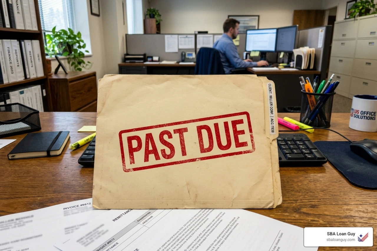 A folder with a large red "Past Due" stamp on the front sitting on a desk - eidl personal guarantee A folder with a large red "Past Due" stamp on the front sitting on a desk - eidl personal guarantee