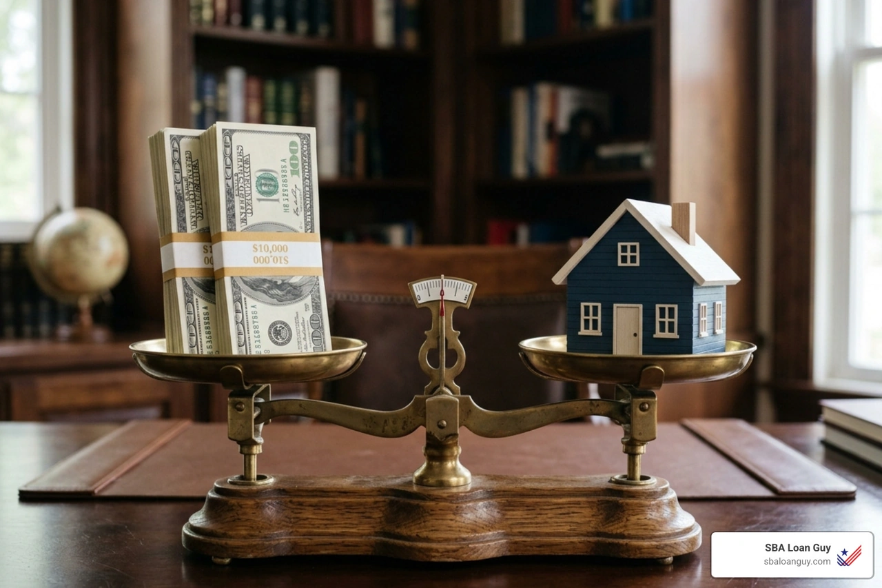 A scale balancing a stack of money on one side and a house icon representing personal risk on the other - eidl personal A scale balancing a stack of money on one side and a house icon representing personal risk on the other - eidl personal