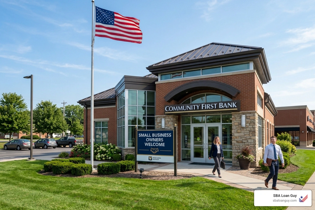 A friendly bank building with a sign welcoming small business owners - SBA loan application assistance A friendly bank building with a sign welcoming small business owners - SBA loan application assistance