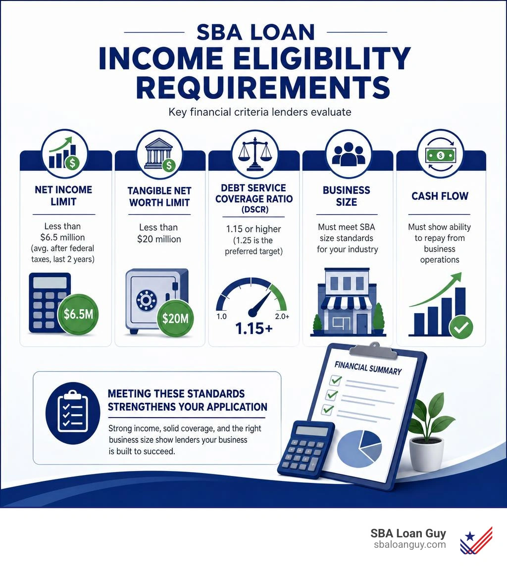 Infographic showing SBA loan income eligibility requirements including DSCR, net income limits, and size standards Infographic showing SBA loan income eligibility requirements including DSCR, net income limits, and size standards