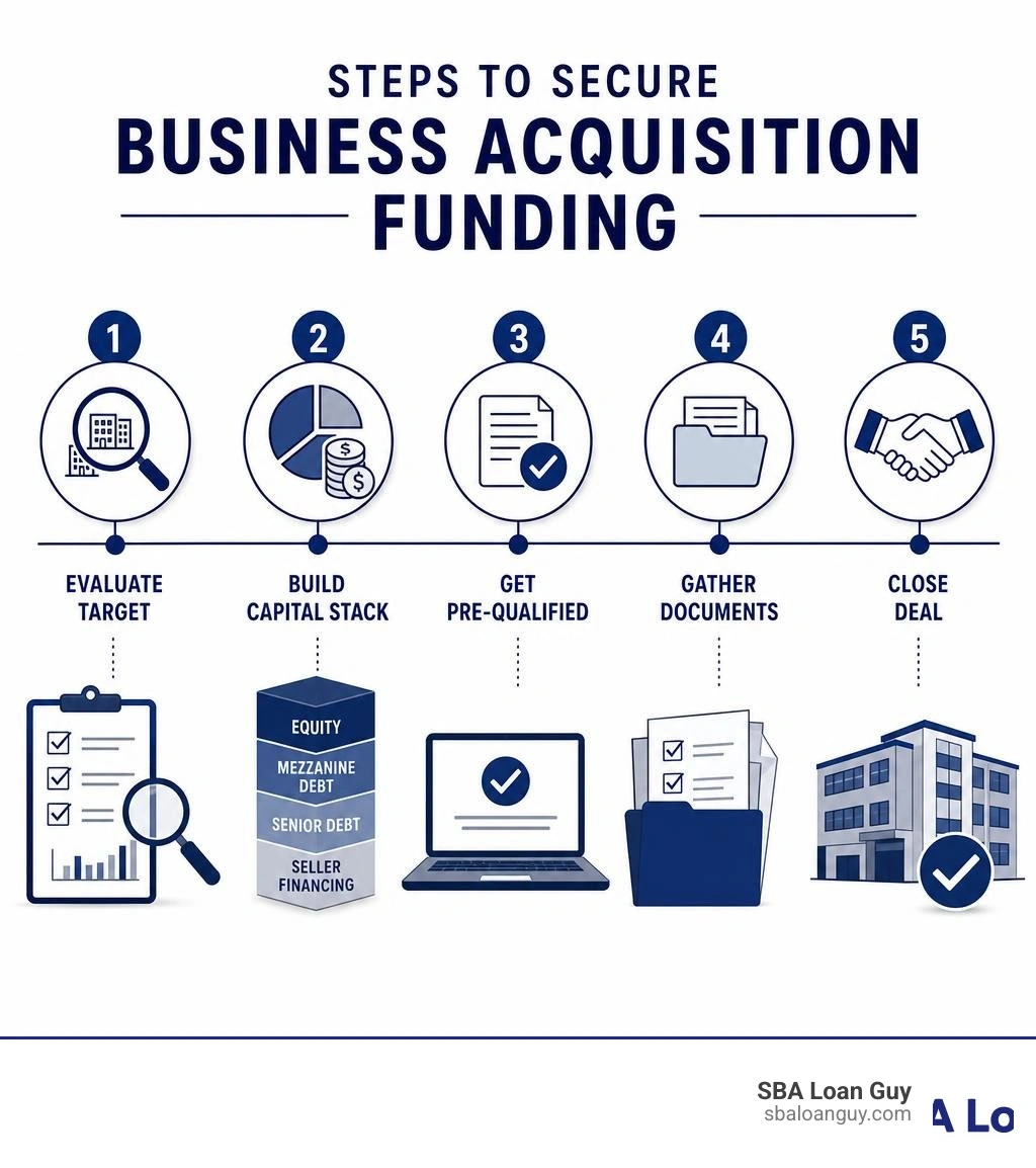 Steps to secure business acquisition funding: evaluate target, build capital stack, get pre-qualified, gather documents