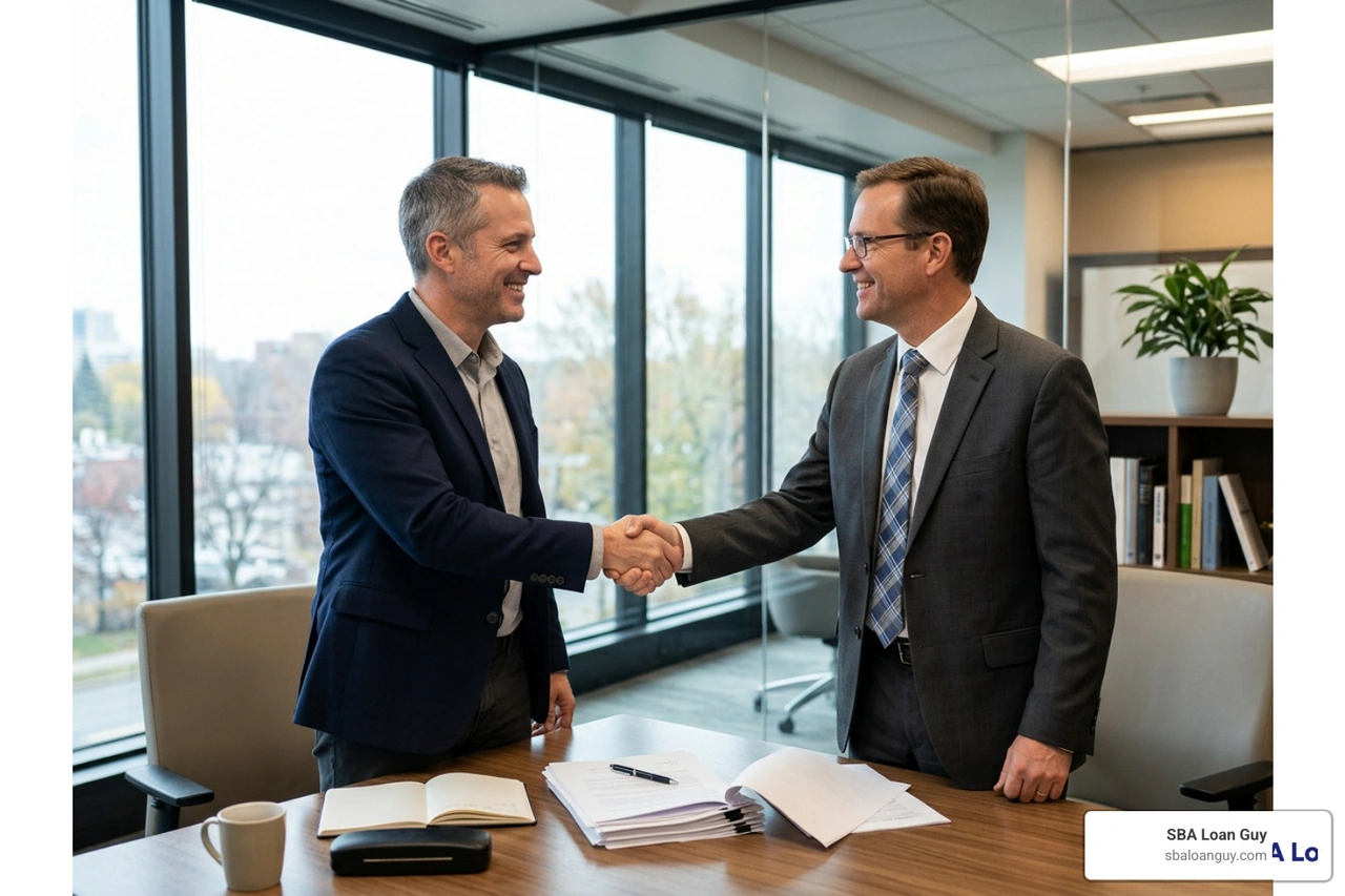 Handshake between a happy business owner and a friendly lender signing an SBA loan agreement