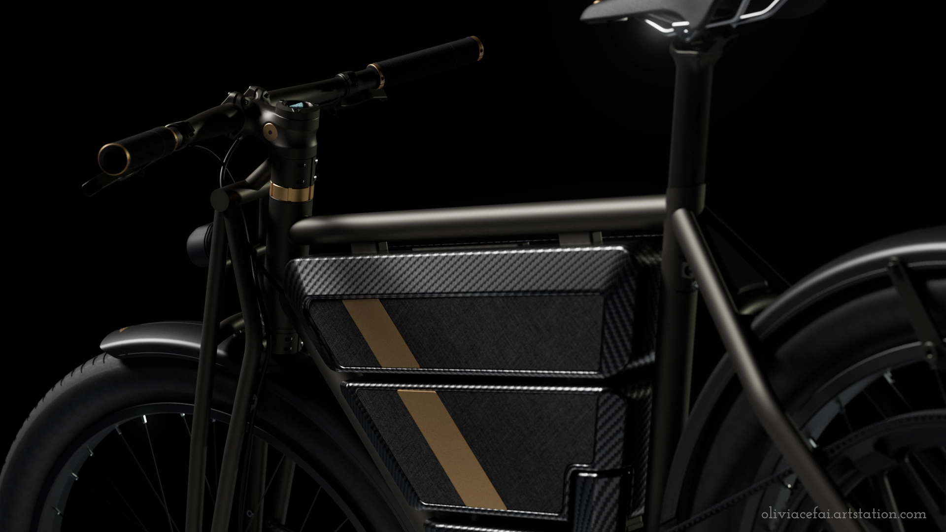 Vélo électrique noir avec batterie en fibre de carbone encastrée dans le cadre, accents dorés et arrière éclairé. Image issue du portfolio 3D d'Olivia Cefai