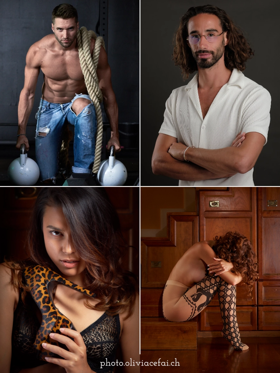Thumbnail du portfolio de photographie professionnelle de portrait d'Olivia Cefai pour son site web. Collage de quatre portraits : homme musclé en jean avec cordes et kettlebells, homme aux cheveux longs en chemise blanche, femme tenant une chaussure à motif léopard, femme assise en collants noirs décorés face aux escaliers en bois.