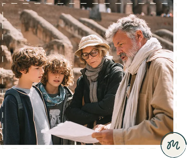 Two children and two adults looking at a map or guide in front of ancient stone ruins.