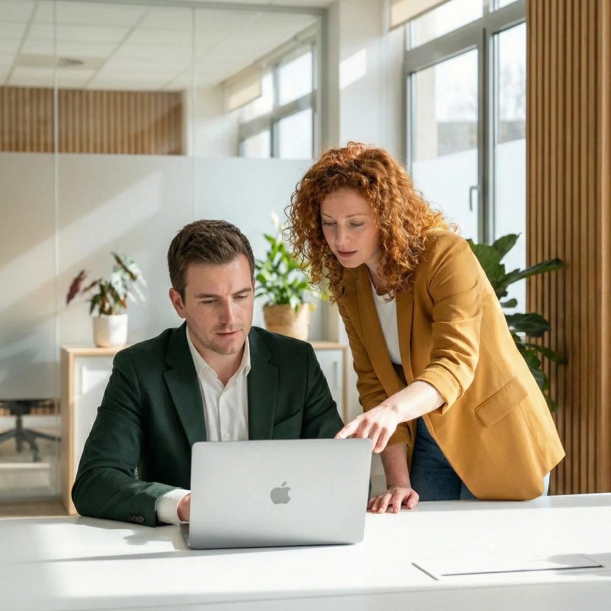 Smiling woman with curly red hair wearing a green blazer typing on a keyboard in a bright office with large windows and colleagues working in the background.