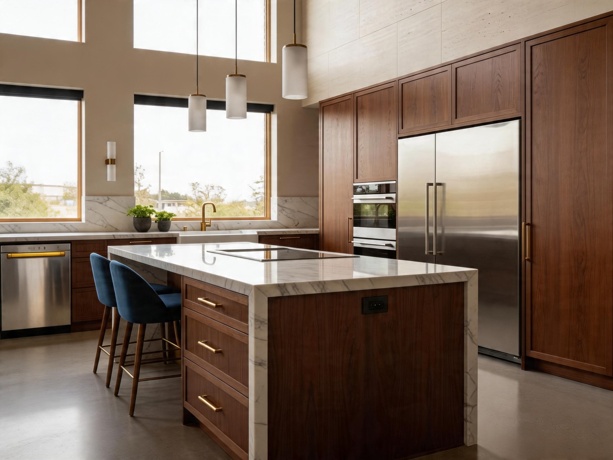image of a spotless kitchen, sunlight highlighting the gleaming countertops